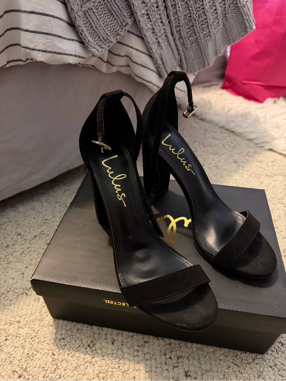 Lulu's Black Suede Ankle-Strap Block Heels